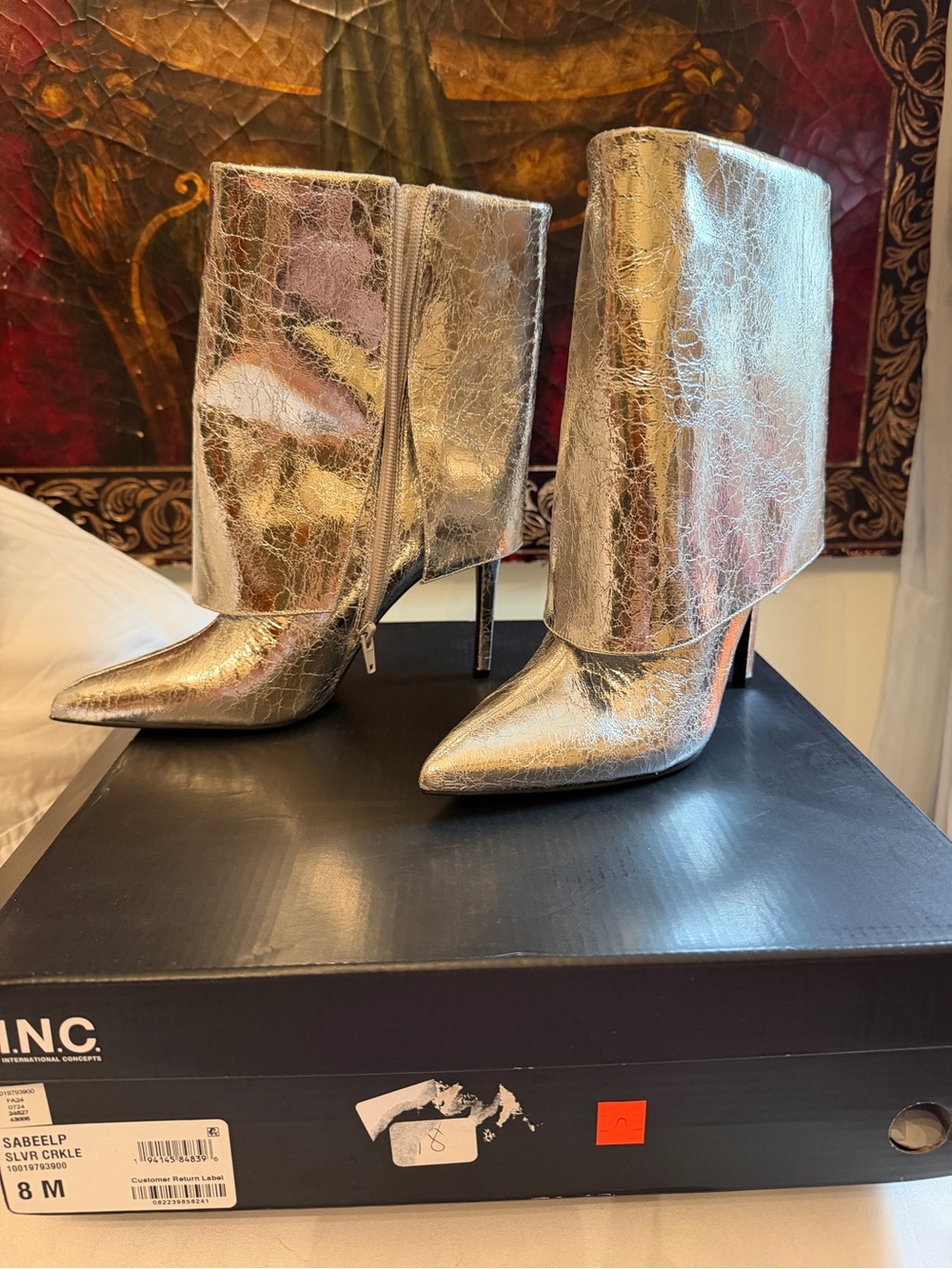 INC International Concepts Metallic Silver Fold-Over Stiletto Ankle Boots - Picture 2 of 4